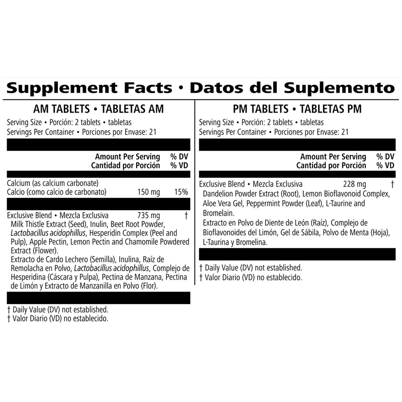 Supplement facts label for AM and PM tablets with detailed ingredient information.