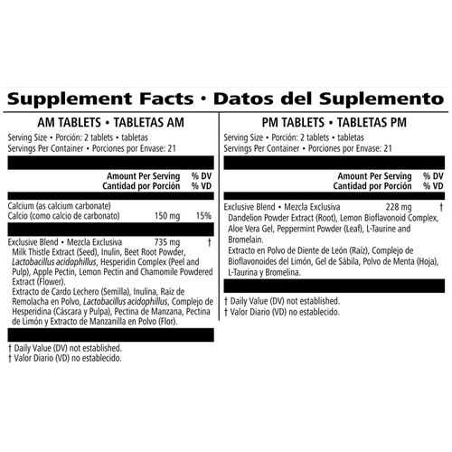 Supplement facts label for AM and PM tablets with detailed ingredient information.