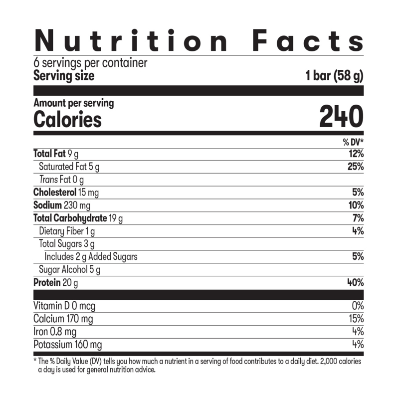 A Nutrition Facts label for a bar, showing serving size 1 bar (58 g) and nutritional information including calories, fat, cholesterol, sodium, carbohydrate, fiber, and protein on a white background.