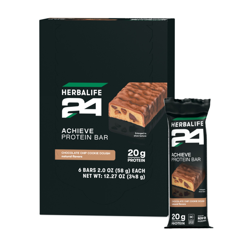 A box and single packet of Herbalife 24 Achieve Protein Bar in Chocolate Chip Cookie Dough flavor, shown on a plain white background.