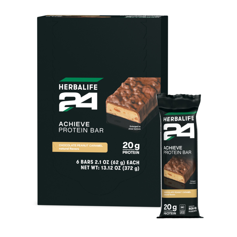 A box and single wrapped Herbalife 24 Achieve Protein Bar in chocolate peanut butter flavor, shown on a plain white background.