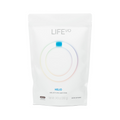 A white stand-up pouch of LIFE iO Helio dietary supplement, featuring a minimalist design with a circular graphic and a small blue accent on a white background.