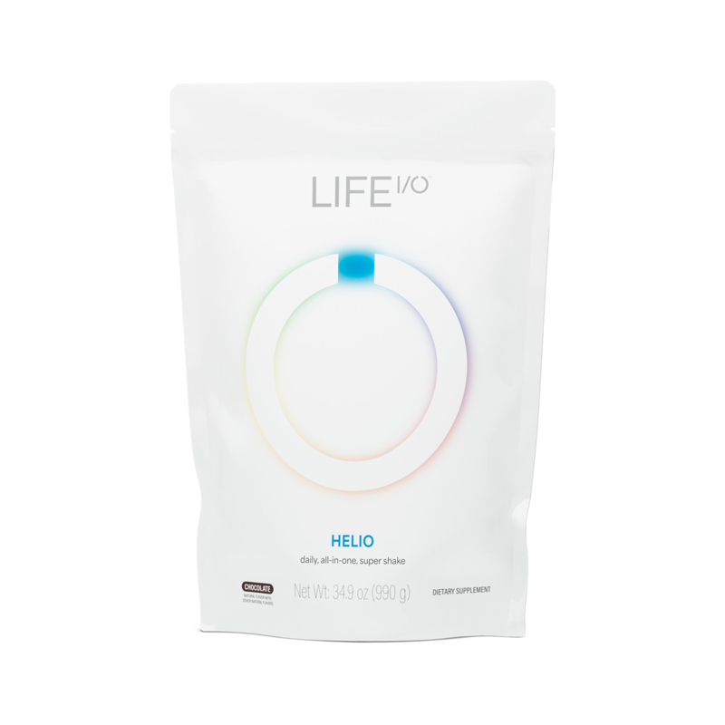 A white stand-up pouch of LIFE iO Helio dietary supplement, featuring a minimalist design with a circular graphic and a small blue accent on a white background.