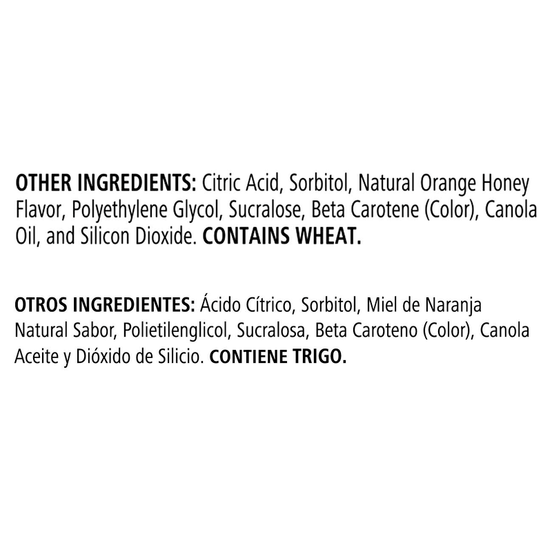Ingredients list for NaturalVive Best Defense® dietary supplement, highlighting citric acid, sorbitol, and natural orange honey flavor.