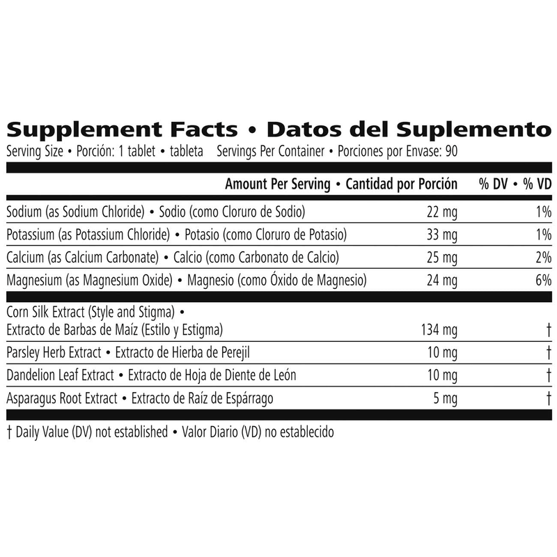 Supplement facts for Cell-U-Loss® highlighting sodium, potassium, calcium, and magnesium contents with ingredients for 90 tablets.
