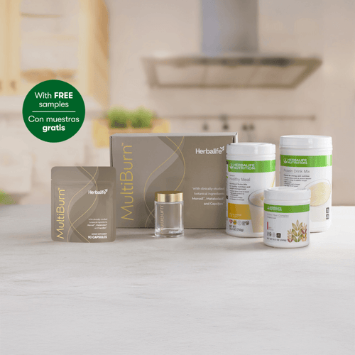 Evolve weight loss program products including MultiBurn™ and Herbalife shakes on a kitchen counter.