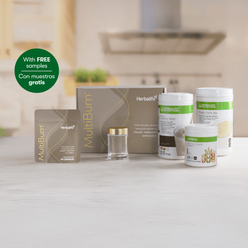 Evolve weight loss program kit featuring MultiBurn™ and Herbalife products with FREE samples on a table.