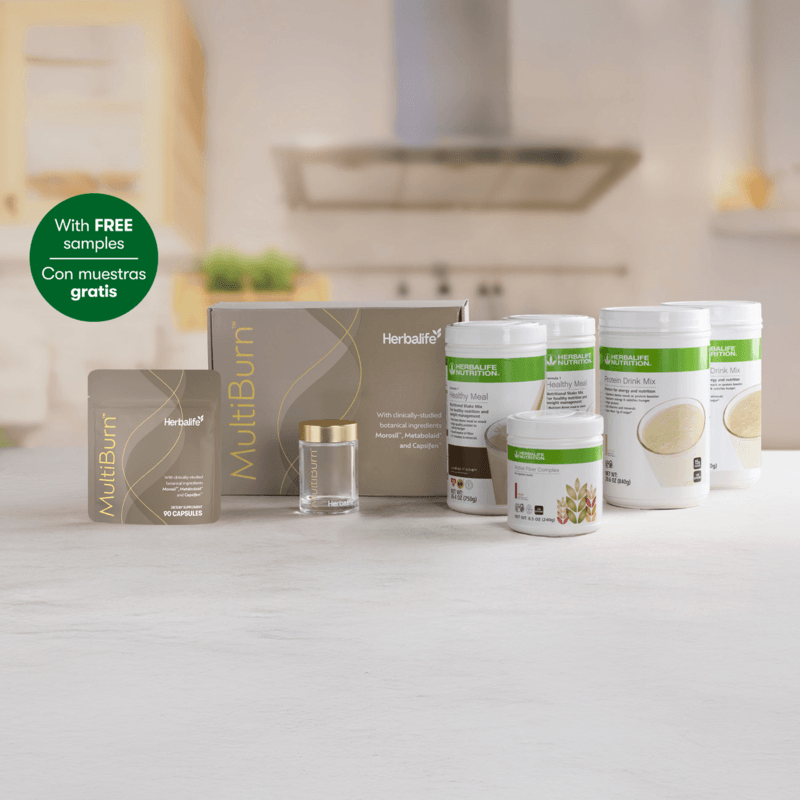 Evolve weight loss program products including MultiBurn™ and protein shakes on a countertop.