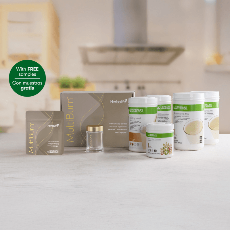 Evolve weight loss program products including MultiBurn™ and protein shakes with free samples.