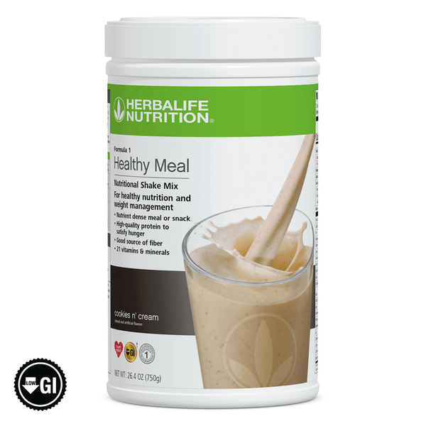 NaturalVive's Formula 1 Healthy Meal Nutritional Shake Mix in cookies and cream flavor with a creamy texture.