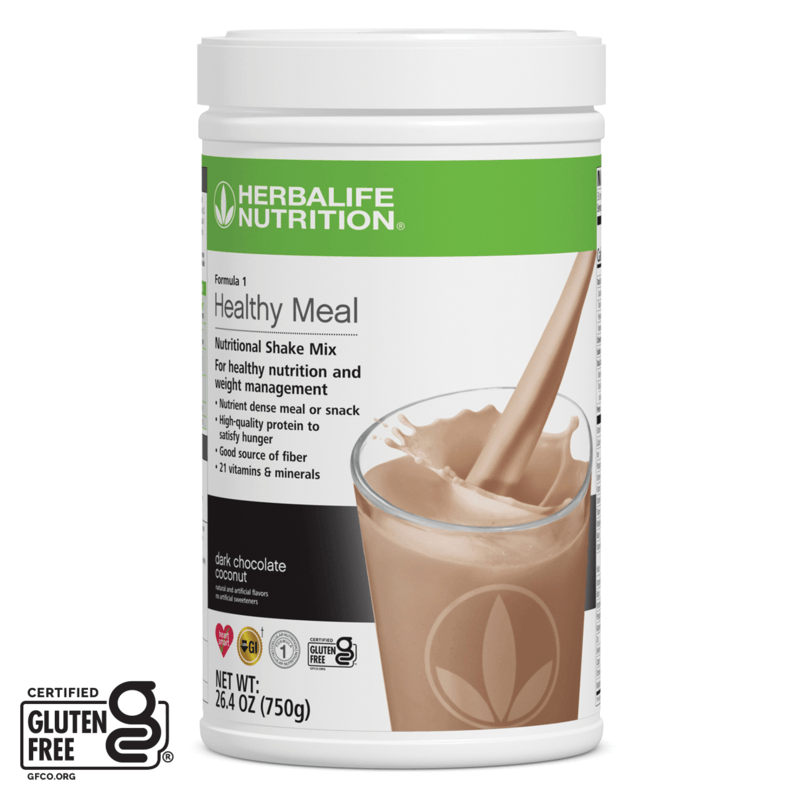 NaturalVive's Formula 1 Healthy Meal Nutritional Shake Mix in a container with a chocolate shake illustration.