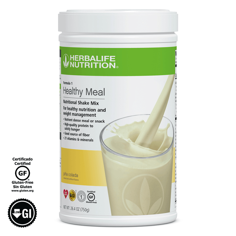 NaturalVive's Formula 1 Healthy Meal Nutritional Shake Mix in a container with a creamy shake being poured.