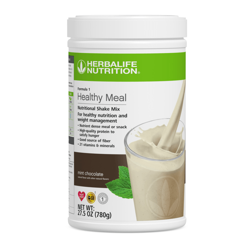 NaturalVive's Formula 1 Healthy Meal Nutritional Shake Mix in mint chocolate flavor with nutrition information.