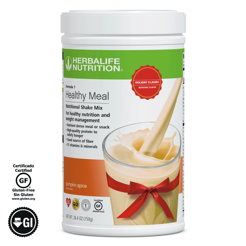 NaturalVive's Formula 1 Healthy Meal Nutritional Shake Mix in pumpkin spice flavor, featuring a creamy texture and festive packaging.