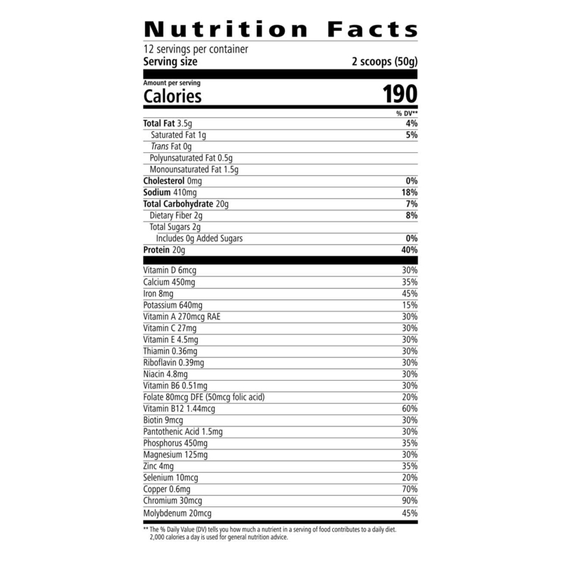 Nutrition facts for NaturalVive's Formula 1 Instant Healthy Meal Nutritional Shake Mix showcasing calories and nutrients information.