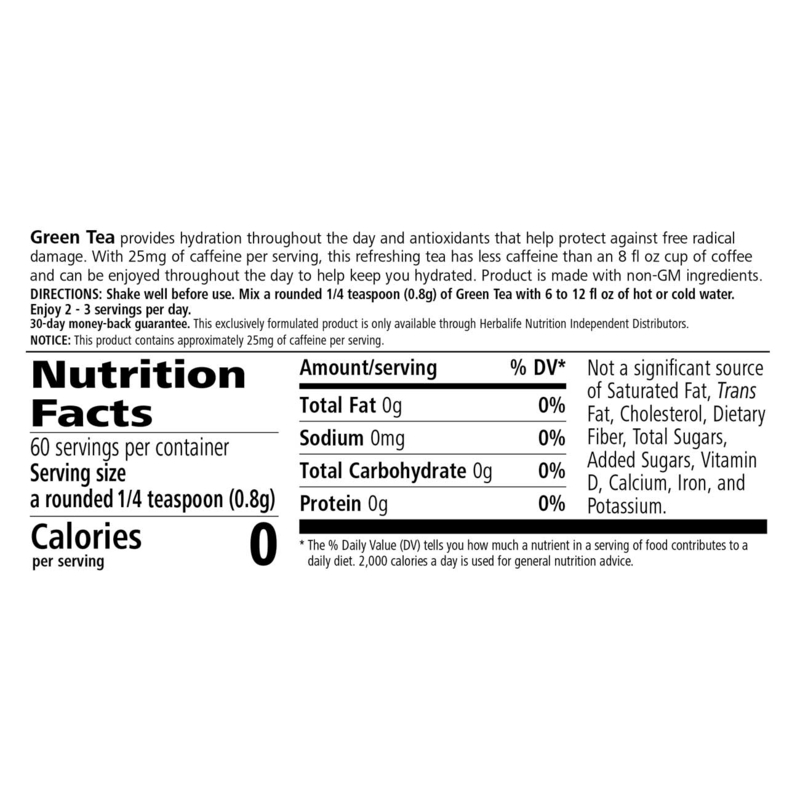 Nutrition facts label for NaturalVive Green Tea: Pomegranate, with details on serving size and ingredients.