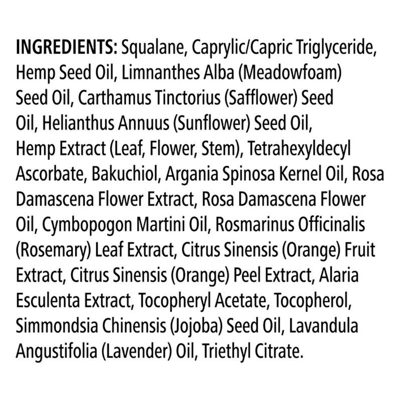 List of ingredients for NaturalVive Hemp Facial Serum, highlighting plant-based and beneficial oils for skin.