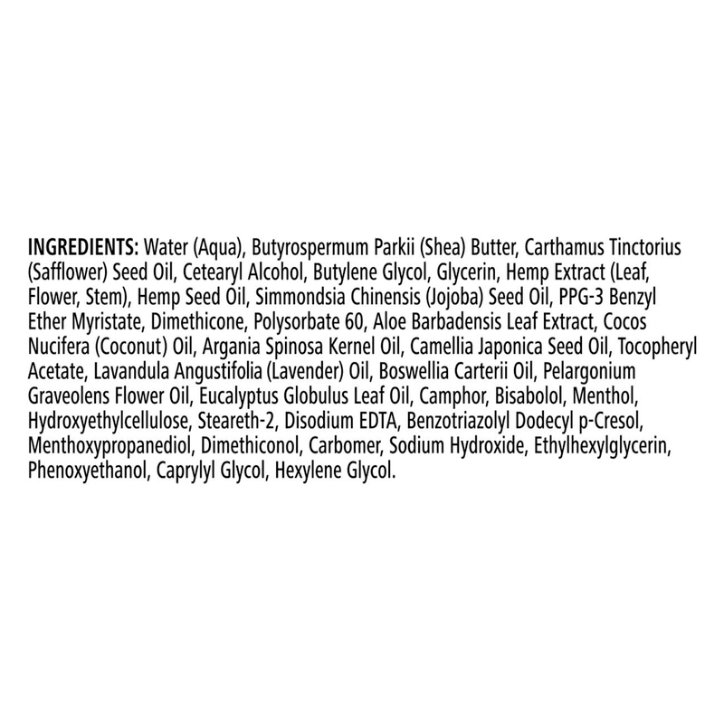 NaturalVive's Hemp Relief Balm ingredients list showing plant-derived components for soothing relief.