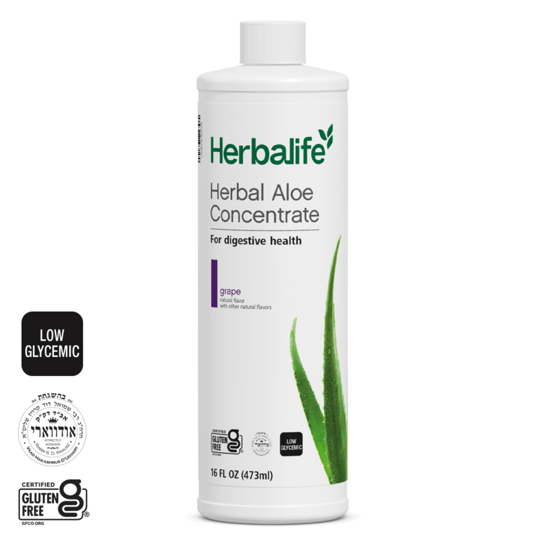 NaturalVive Herbal Aloe Concentrate bottle for digestive health, grape flavor, gluten-free and low glycemic.