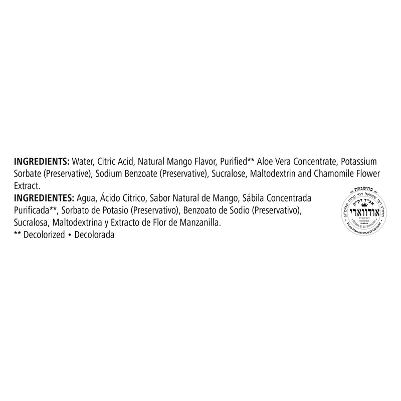 Ingredients list for Herbal Aloe Concentrate including aloe vera and mango flavor, promoting NaturalVive health benefits.