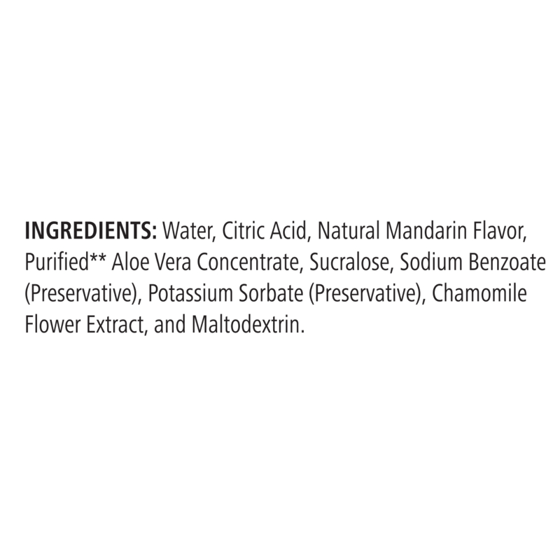 Ingredients list for Herbal Aloe Concentrate Single-Serve Packets by NaturalVive including aloe vera and natural flavors.