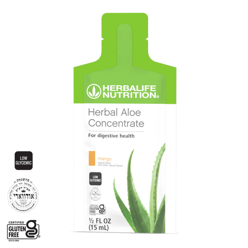 Herbal Aloe Concentrate Single-Serve Packets by NaturalVive, mango flavor for digestive health and nutrient absorption.