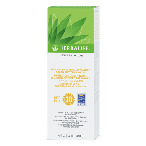 Herbal Aloe Face & Body Sunscreen Broad Spectrum SPF 30 packaging with aloe design, 4 fl oz, sweat and water resistant
