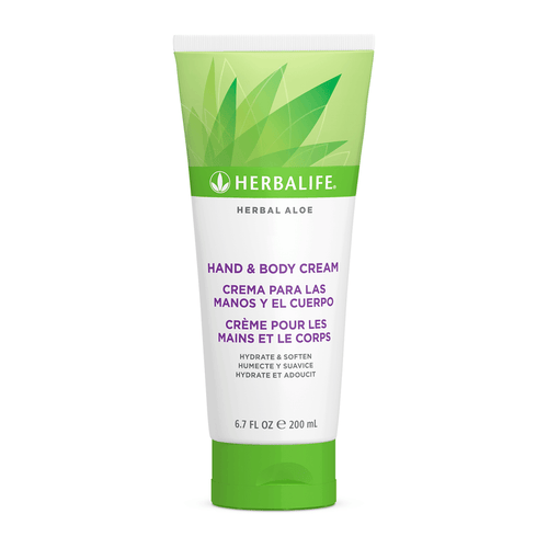 Herbal Aloe Hand & Body Cream tube featuring aloe vera and shea butter for skin hydration and softness.