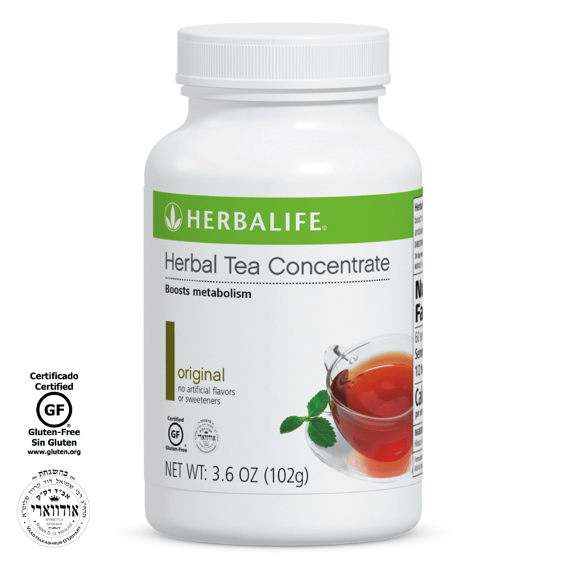 NaturalVive Herbal Tea Concentrate bottle with a cup of tea, boosts metabolism, gluten-free, 3.6 oz.