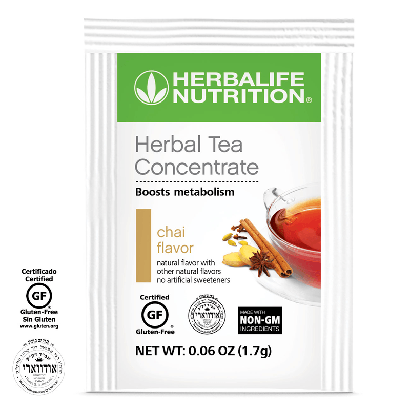 Herbal Tea Concentrate by NaturalVive in chai flavor, boosts metabolism with natural ingredients. Each packet is gluten-free.