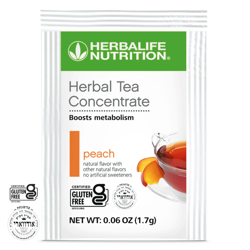 NaturalVive Herbal Tea Concentrate packet featuring peach flavor, boosts metabolism, gluten-free, 0.06 oz.