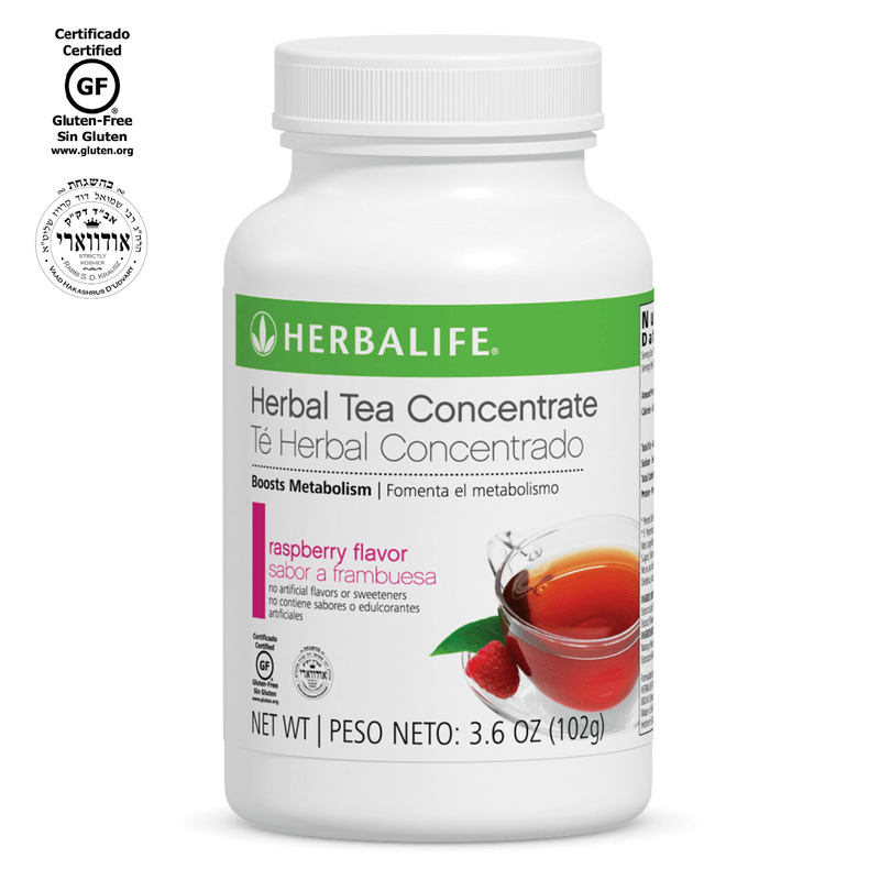 Herbal Tea Concentrate from NaturalVive, raspberry flavor, boosts metabolism in gluten-free packaging.