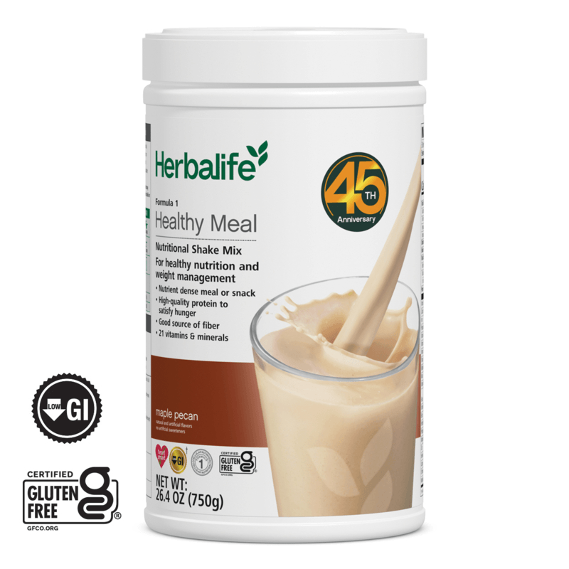 Limited Edition Formula 1 Healthy Meal Nutritional Shake Mix Maple Pecan in a container with a creamy shake swirled.