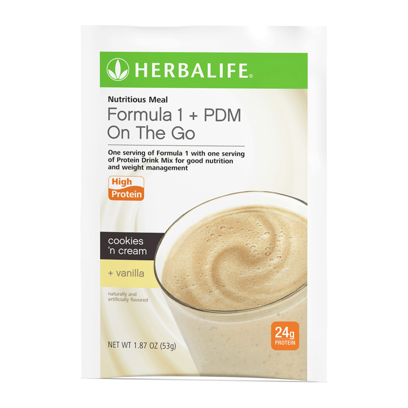 NaturalVive Formula 1 + PDM On The Go nutritious meal in a pouch, high protein cookies 'n cream and vanilla flavor.