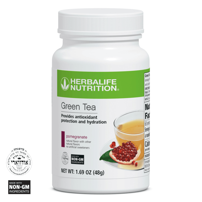 NaturalVive Green Tea: Pomegranate supplement bottle with antioxidant benefits and hydration indicated.