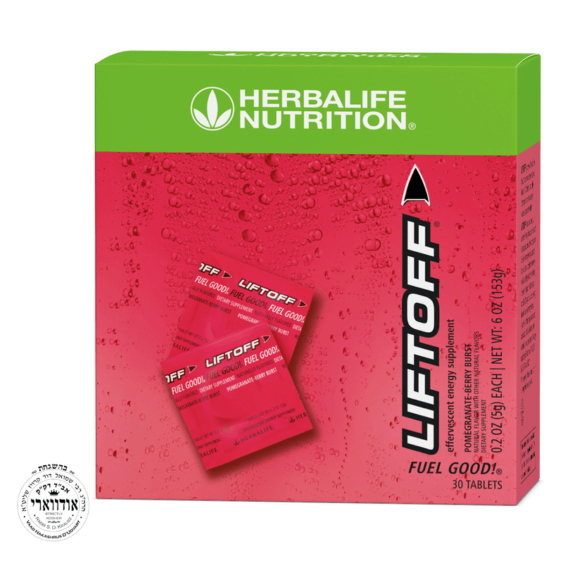 NaturalVive Liftoff® effervescent energy supplement box with 30 individually wrapped tablets in refreshing flavors.