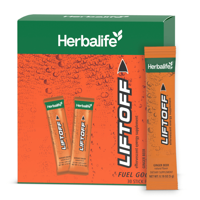 NaturalVive Liftoff dietary supplement stick packs in ginger beer flavor for energy boost.