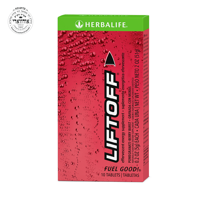 NaturalVive Liftoff® effervescent energy supplement box with vibrant red design, containing 10 tablets.
