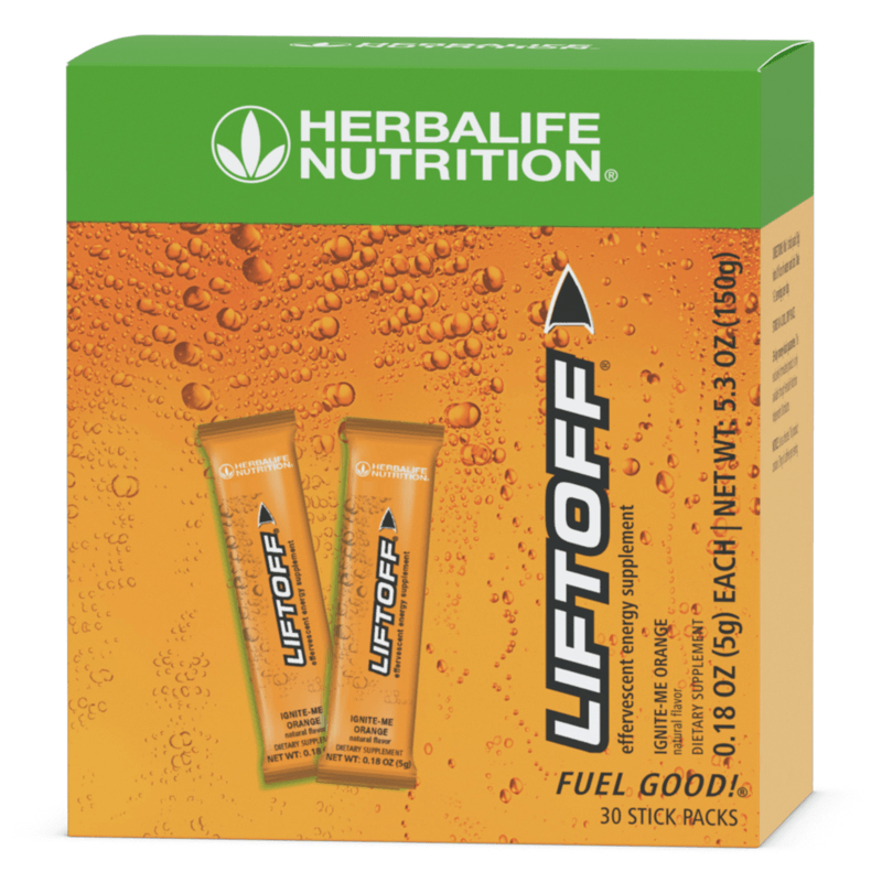 NaturalVive Liftoff® stick packs, 30 energizing powder packets in a colorful orange box from Herbalife Nutrition.