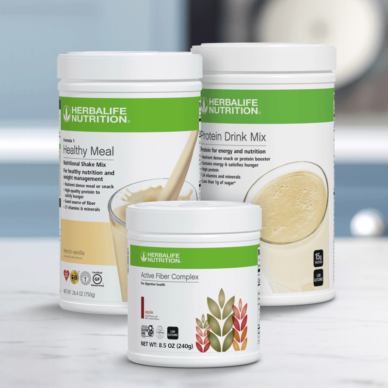 NaturalVive Herbalife Nutrition products including Healthy Meal, Protein Drink Mix, and Active Fiber Complex.