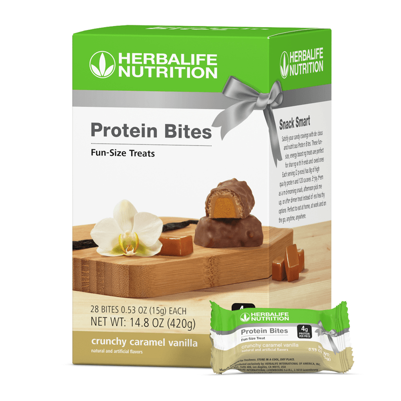 NaturalVive Protein Bites box featuring fun-size crunchy caramel vanilla snacks, ideal for cravings and weight management.
