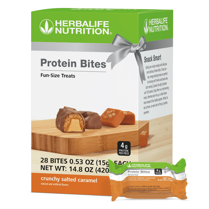 NaturalVive Protein Bites packaging featuring fun-size treats with crunchy salted caramel flavor.