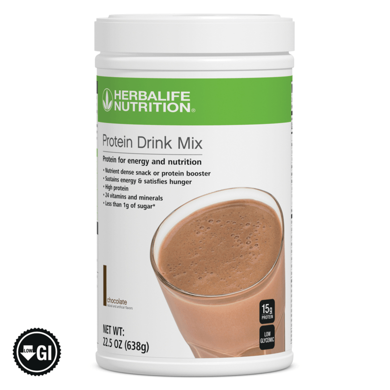 NaturalVive Protein Drink Mix container with chocolate shake for muscle building and energy, featuring low GI nutrition.