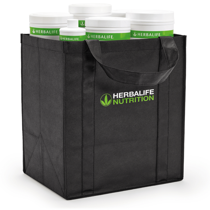 NaturalVive Reusable Branded Bag holding Herbalife Nutrition containers, eco-friendly design.