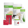 Day One wellness product bundle including Protein Drink Mix, Healthy Meal, Herbal Tea Concentrate, and Herbal Aloe Concentrate.