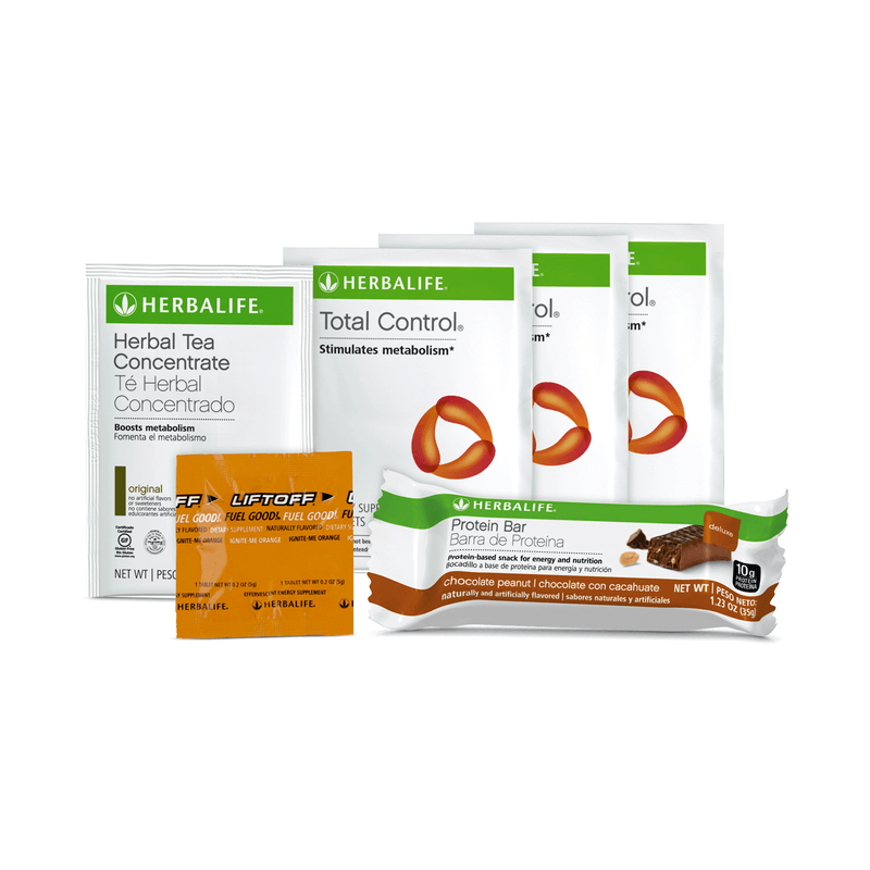 NaturalVive Product Sample Pack with Herbal Tea, Total Control, and Protein Bar for healthy snacking.