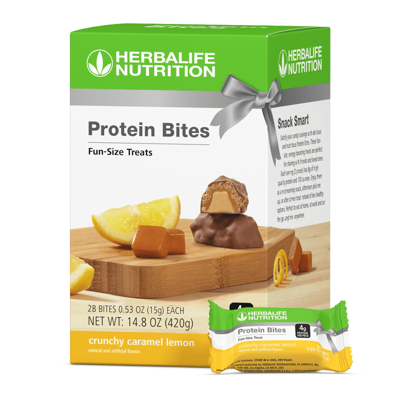 NaturalVive Protein Bites packaging featuring fun-size crunchy caramel lemon snacks, perfect for weight management.