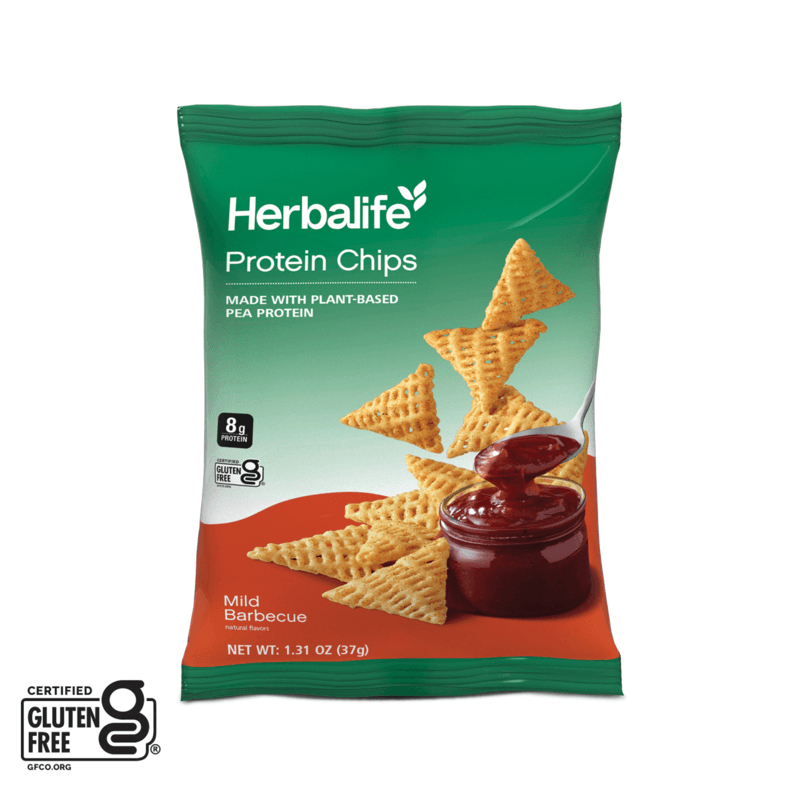 NaturalVive Protein Chips bag with mild barbecue flavor, made with plant-based pea protein and gluten-free.