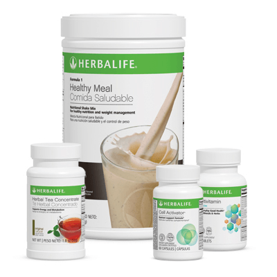 NaturalVive Quickstart Program products including Herbalife Healthy Meal, Herbal Tea Concentrate, Cell Activator, and Multivitamin.