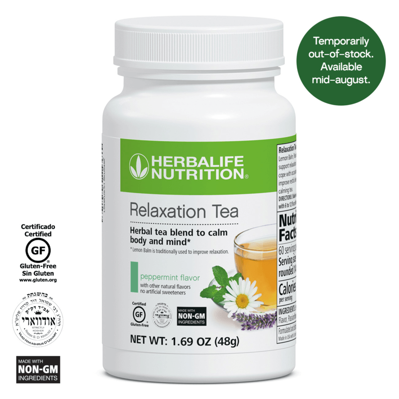 Best Peppermint Relaxation Tea by Herbalife, herbal blend for calming body and mind, temporarily out of stock, peppermint flavor.